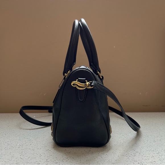 COACH Black Rowan Crossgrain Leather Crossbody Boston Gold Studs Purse Bag - Picture 6 of 13